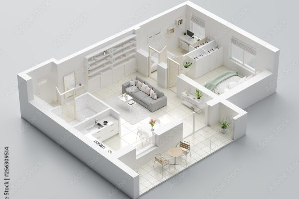 3D Floor plan of a home, 3D illustration. Open concept living apartment layout