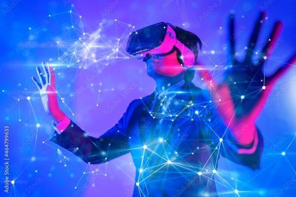 Metaverse digital cyber world technology, man with virtual reality VR goggle playing AR augmented reality game and entertainment, futuristic metaverse gameFi NFT game ideas