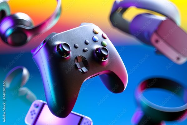 Wireless Joystick, Gaming Gamepad Controller, VR Goggles, Headphones, Video Game Console On Multicolored Gradient Background. 3d rendering